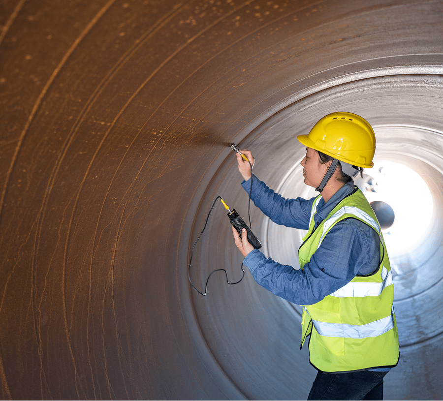 Engineer measures pipeline thickness