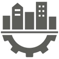 Urban skyline and gear icon